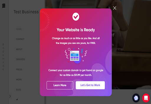 Bookmark's website is ready confirmation popup 
